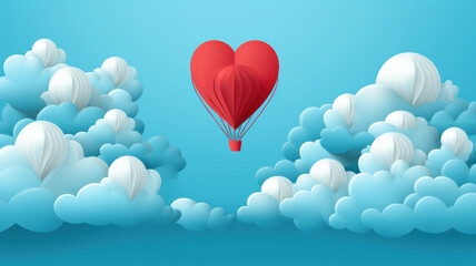 Paper art of heart balloon flying and scattering little heart in the sky