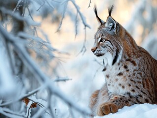 Obraz premium A majestic lynx sits gracefully amidst a snowy forest backdrop, its piercing eyes surveying the serene winter landscape.