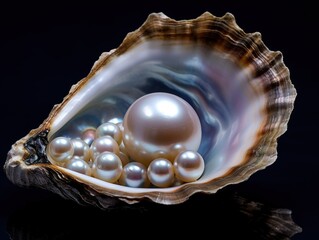 A lustrous collection of pearls nestled within an open oyster shell, symbolizing luxury and natural beauty.