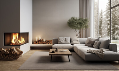 Szara narożna sofa przy szklanym kominku. Minimalistyczny wystrój nowoczesnego salonu. Skandynawski design, wygodne meble - obrazy, fototapety, plakaty