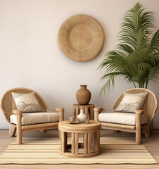 An image of a neutral living room with furniture and a plant, in the style of Indonesian art, minimalist style