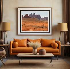 A living room with two brown couches and a framed picture of a desert with mountains