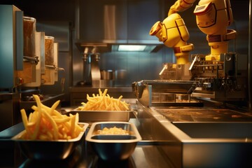 the robot hand makes French fries in a restaurant. - obrazy, fototapety, plakaty