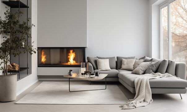 Szara narożna sofa przy szklanym kominku. Minimalistyczny wystr&oacute;j nowoczesnego salonu. Skandynawski design, wygodne meble