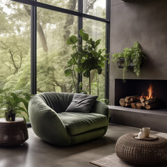 Zielony fotel  pokoju z nowoczesnym kominkiem. Skandynawski wystrój wnętrz nowoczesnego salonu w domu. dużo zieleni za oknem - obrazy, fototapety, plakaty