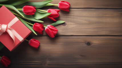Valentines Day old wood background with gift box, hearts and red tulips