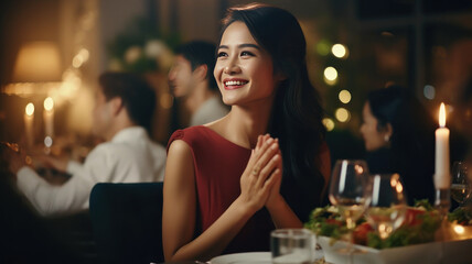 Woman Applauding Amidst Soft Focus and Cinematic Ambiance at Dinner Party - obrazy, fototapety, plakaty