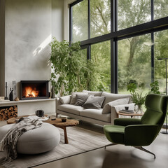 Zielony fotel  pokoju z nowoczesnym kominkiem. Skandynawski wystrój wnętrz nowoczesnego salonu w...