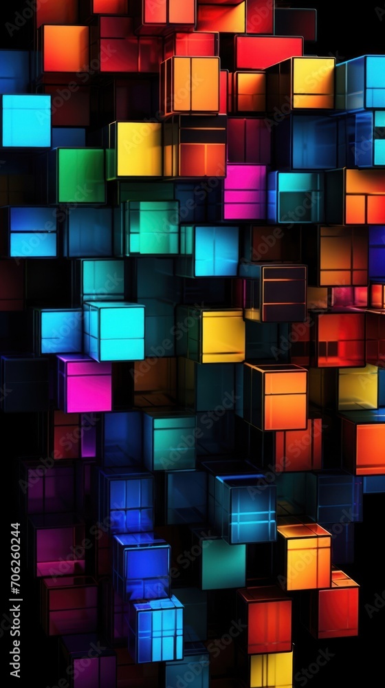 Poster a dynamic background with a collection of neon geometric shapes, presenting a futuristic and digital