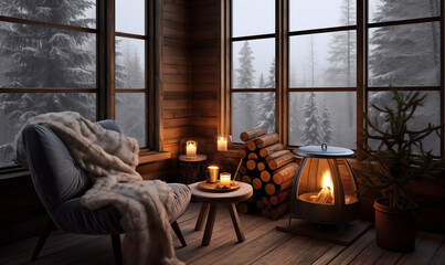 Wnętrze drewnianego domu w stylu skandynawskim Hytte, kominek wygodne miękkie fotele i ciepłe koce. Za oknem zimowa aura - obrazy, fototapety, plakaty