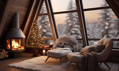 Wnętrze drewnianego domu w stylu skandynawskim Hytte, kominek wygodne miękkie fotele i ciepłe koce. Za oknem zimowa aura