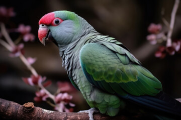 Obraz premium Vivid green parrot perched on a blooming cherry blossom branch in a serene setting.