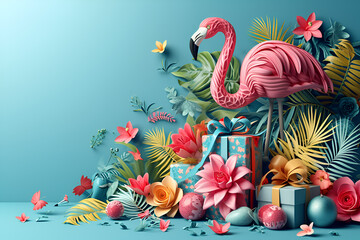 Exotic tropical summer travel background. Summer beach party concept. Summer sale. Pink flamingo, tropical leaves, orchid flower, palm branches on blue background	
