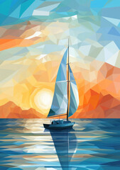 Naklejka premium Digital illustration of a stylized sailboat on tranquil waters against a vibrant sunset backdrop.