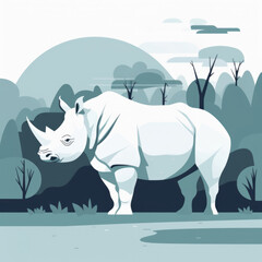Minimalist illustration of a rhino in a wild natural setting, with a monochrome color palette.