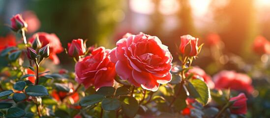 Red rose flower in the garden and sunlight with bokeh,Generative AI