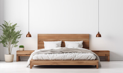 Rustykalne drewniane łóżko na tle pustej białej ściany z miejscem do kopiowania. Skandynawski loftowy projekt nowoczesnej sypialni.   - obrazy, fototapety, plakaty