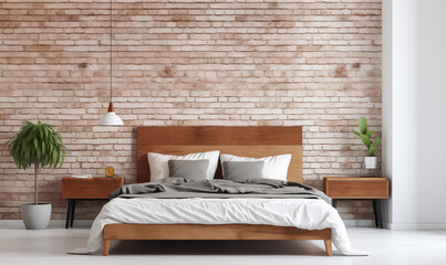 Rustykalne drewniane łóżko na tle pustej białej ściany z miejscem do kopiowania. Skandynawski loftowy projekt nowoczesnej sypialni.  