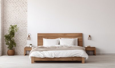 Rustykalne drewniane łóżko na tle pustej białej ściany z miejscem do kopiowania. Skandynawski loftowy projekt nowoczesnej sypialni.   - obrazy, fototapety, plakaty