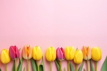 tulips frame, a Colorful bouquet of tulips on a pink background. Flat lay, with copy space.