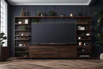 modern Tv dark wood cabinet in empty room interior background 3d illustration home designs, background shelves and books on the desk in front of wall empty wall white view