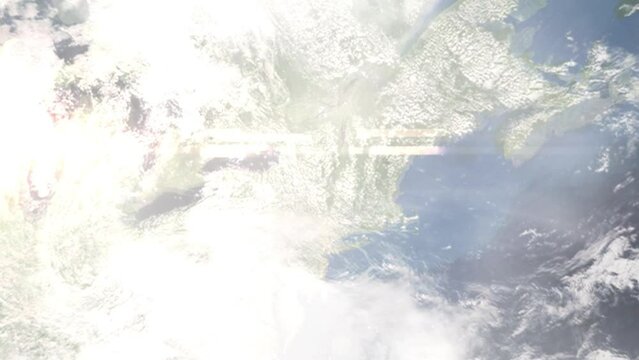 Zoom in from space and focus on Gloversville, New York, USA. 3D Animation. Background for travel intro. Elements of this image furnished by NASA.