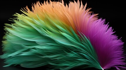 A close up of a colorful feather on a black background
