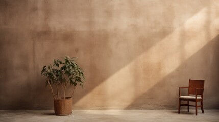 A chair and a potted plant against a wall