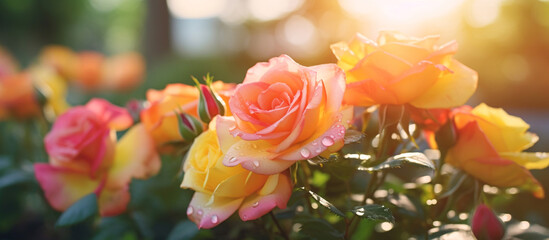 Pink and yellow rose flower in the garden and sunlight with bokeh,Generative AI - Powered by Adobe