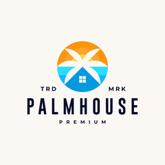 PALM HOUSE RESORT BEACH SUN RETRO HIPSTER VINTAGE LOGO VECTOR ICON ILLUSTRATION