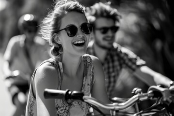 Obraz na płótnie Canvas Joyful couple on a bike ride in sunny weather, black and white photo.