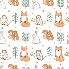 Seamless Pattern with Cartoon Rabbit, Squirrel, Fox, Owl and Leaf Design on White Background