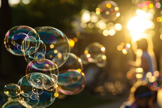 Colorful soap bubbles floating with blurred people in a sunlit park background.