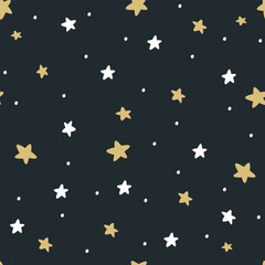 Seamless vector pattern. Nice white and yellow stars on dark background, night sky . Vector illustration
