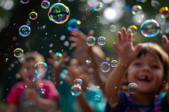 Children playing with soap bubbles outdoors, joyful expressions, shallow depth of field.