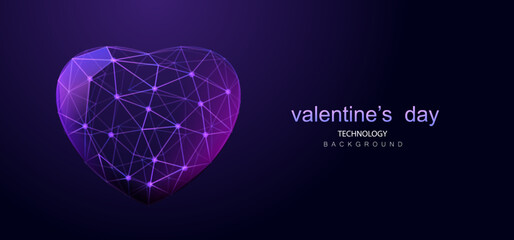 Vector happy valentine's day banner. Wireframe heart in low poly style. Ai futuristic love technology background. - 706262001