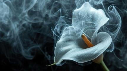 Abstract close-up of Calla with ethereal smoke in the background. Banner for the design. Background.