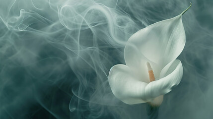Abstract close-up of Calla with ethereal smoke in the background. Banner for the design. Background.