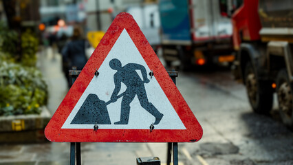 Roadworks sign on a busy London street