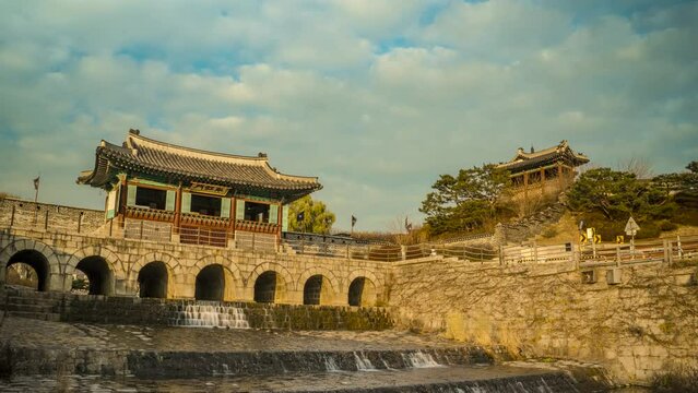 Time lapse, Suwon Hwaseong Fortress, Hwahongmun Gate with clouds flowing beautifully