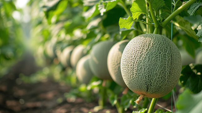 Yellow, ripe and sweet Melons. Melon form or plants in the field.