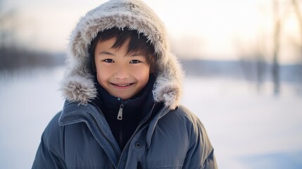 Portrait of a young handsome smiling Asian boy in a jacket against the backdrop of a winter, snowy landscape.