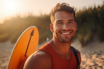 Portrait of beautiful bearded man holding sup board at sunset. Stand up paddle boarding outdoor...