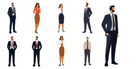set of flat illustrations of male and female businessmen wearing shirts and suits, standing and stylish.