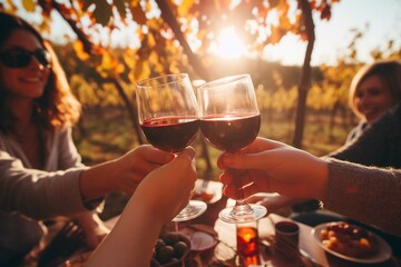 Friends toasting wine in a vineyard at daytime outdoors