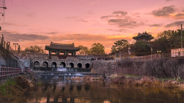 Time lapse, Banghwasuryujeong and Dongbukru in Hwaseong, Suwon with a beautiful sunset