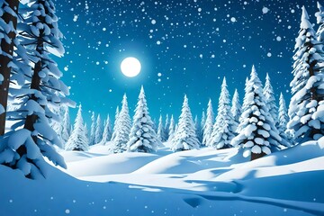 Merry Christmas, Snow forest. pines in winter and mountain Paper vector Illustration