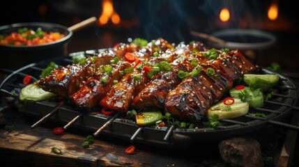 Delicious grilled yakitori with vegetable toppings, blur background
