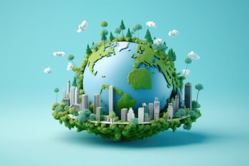 Eco city and green planet on blue background.