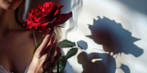 Hand gently cradles a vibrant red rose, evoking a sense of love and tenderness. The play of light and shadow on the white background adds depth and contrast, enhancing the overall visual impact.